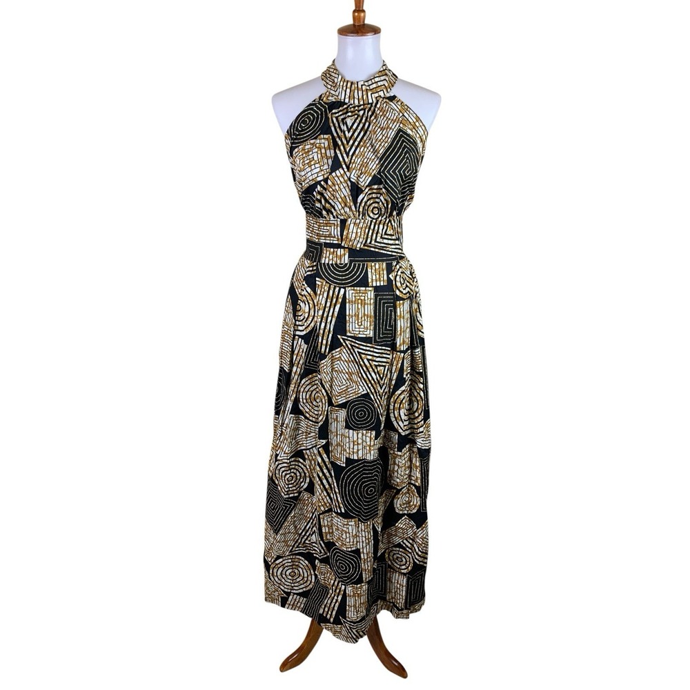 D'IYANU‎ Geometric Print Halter Midi Dress Black Gold African Print Medium